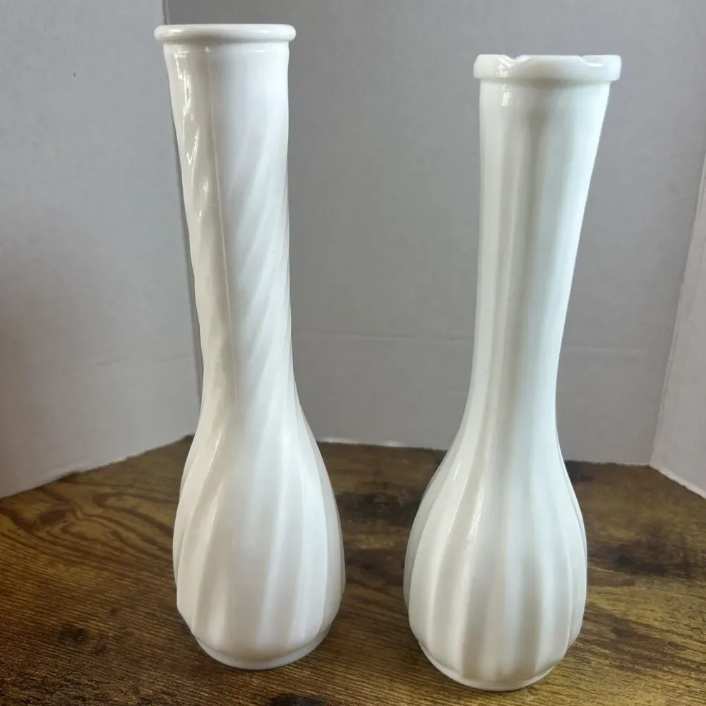 Hoosier Swirl White Milk Glass Vase 10” & CLG Ribbed Vase 9.75” Vintage Set of 2